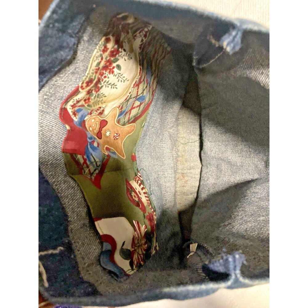 CHRISTMAS Santa Snowman Denim Tote Purse Bag with Beads Vintage 12x12x2-3/4 - Picture 5 of 5